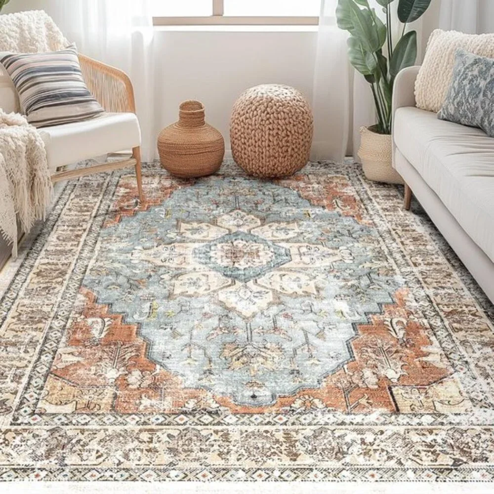5x7 Washable Area Rug, Boho Vintage Distressed Carpet for Home - Green/Rust Red